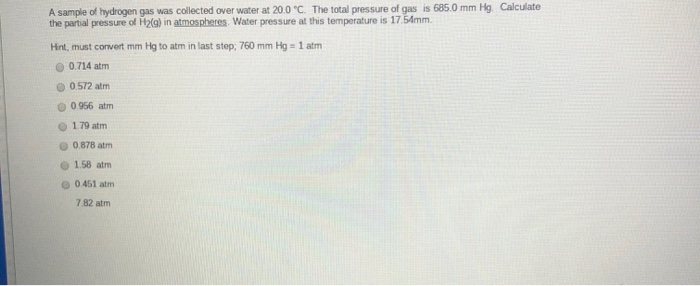 Solved A sample of hydrogen gas was collected over water at | Chegg.com