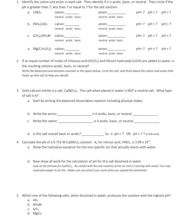 Solved 1. Identify the cation and anion in each salt. Then | Chegg.com