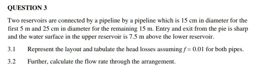 Solved QUESTION 3 Two reservoirs are connected by a pipeline | Chegg.com
