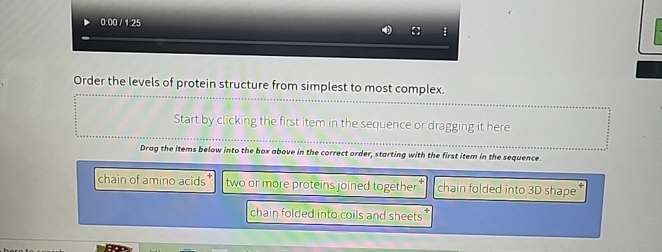 Solved 0:00/1:25Order the levels of protein structure from | Chegg.com