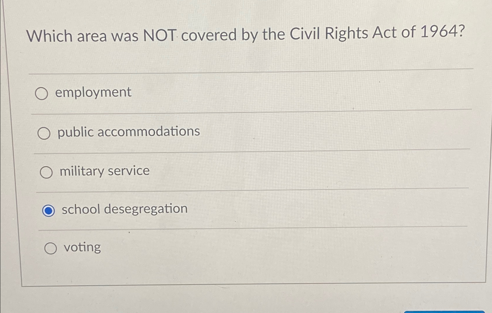 Solved Which area was NOT covered by the Civil Rights Act of | Chegg.com