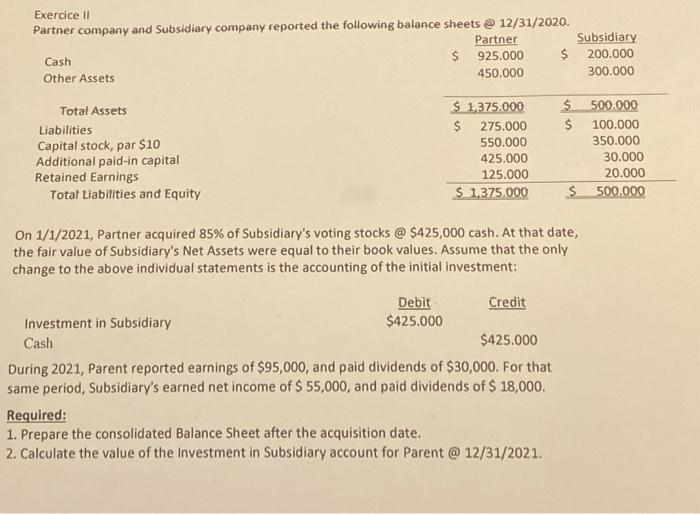 Solved Exercice II Partner Company And Subsidiary Company | Chegg.com