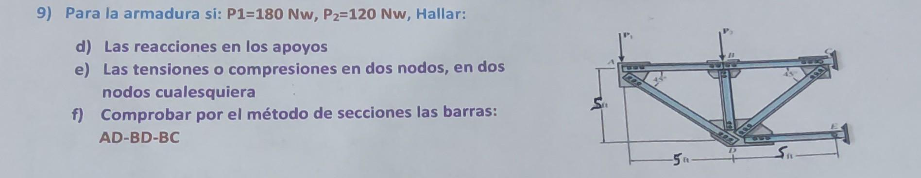 9) Para la armadura si: P1=180 Nw, \( P_{2}=120 \mathrm{Nw} \), Hallar: d) Las reacciones en los apoyos e) Las tensiones o co