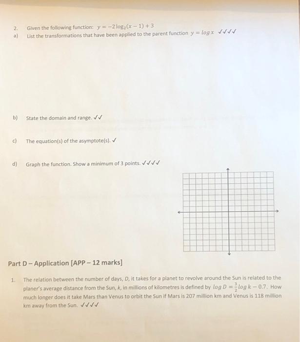 Solved 2. Given the following function: y=−2log2(x−1)+3 a) | Chegg.com