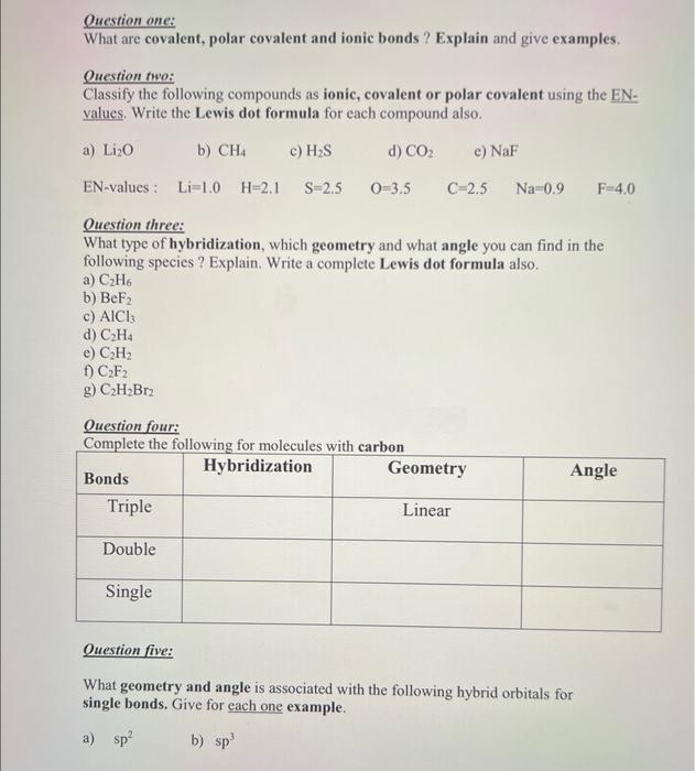 Solved Question one What are covalent polar covalent and Chegg