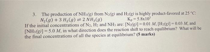 Solved 3. The production of NH3(g) from N2(g) and H2(g) is | Chegg.com