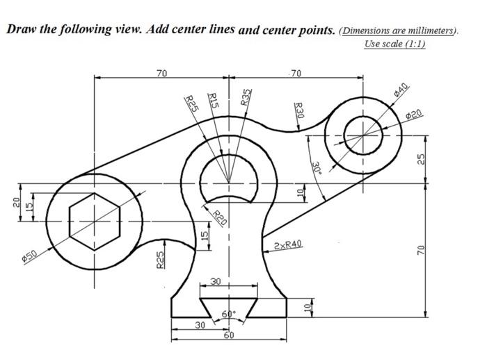 Solved Draw the following view. Add center lines and center | Chegg.com
