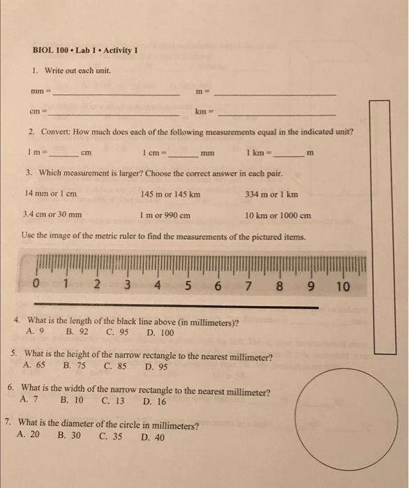 Solved BIOL 100. Lab 1. Activity 1 1. Write out each unit. | Chegg.com