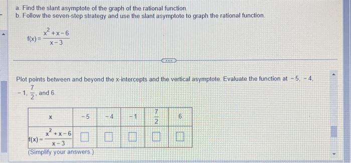 Solved a. Find the slant asymptote of the graph of the | Chegg.com