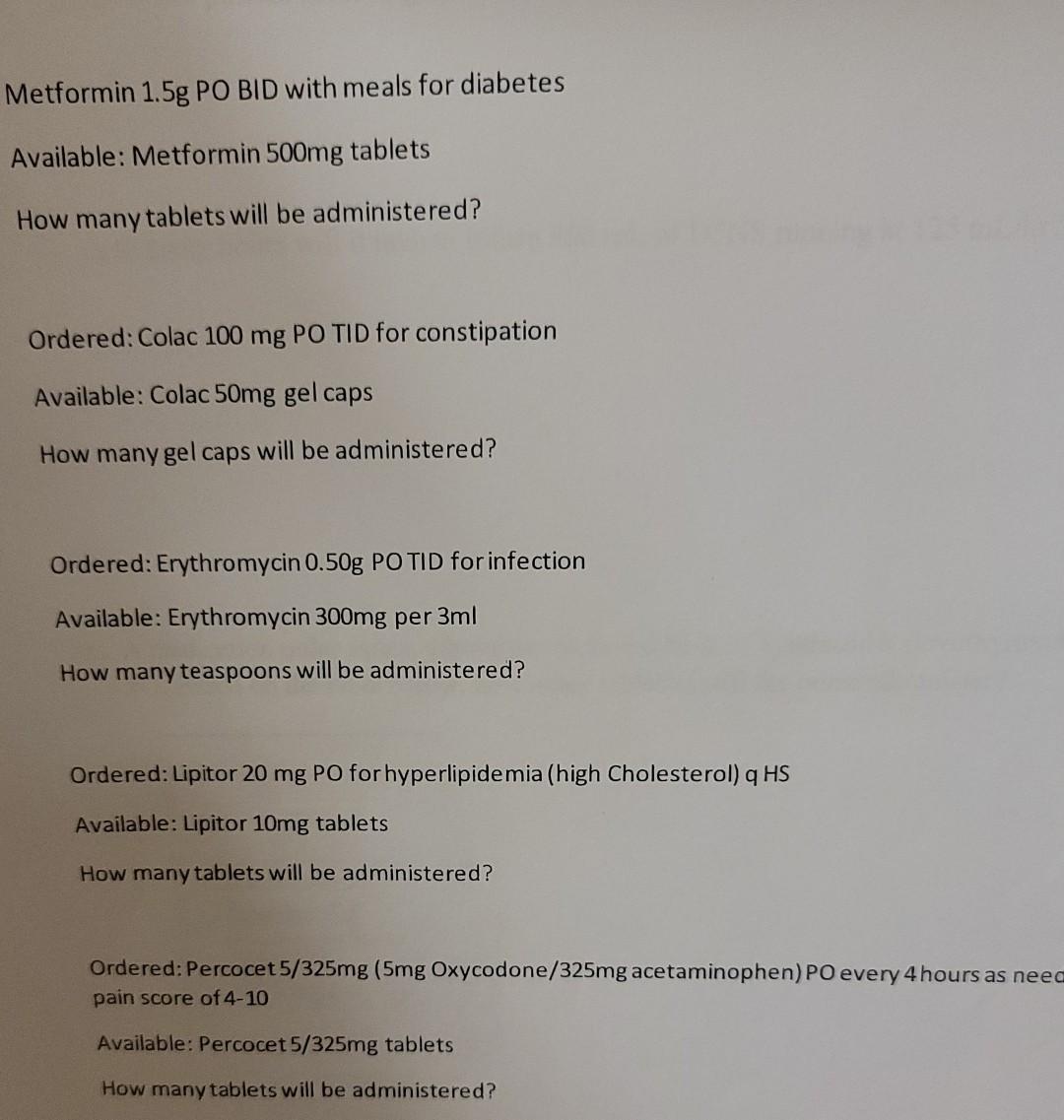 Solved Metformin 20.20g PO BID with meals for diabetes   Chegg.com