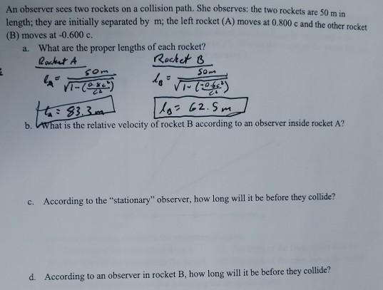 Solved An Observer Sees Two Rockets On A Collision Path. She | Chegg.com