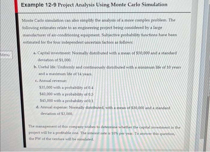 Solved Example 12-9 Project Analysis Using Monte Carlo | Chegg.com
