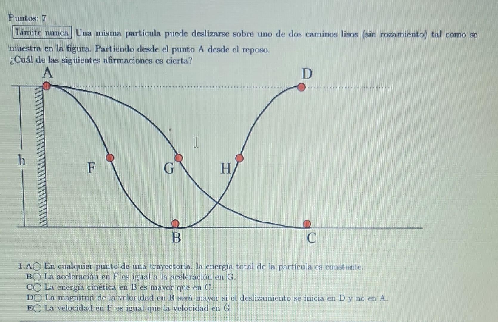 Puntos: 7 Una misma partícula puede deslizarse sobre uno de dos caminos lisos (sin rozamiento) tal como se muestra en la figu