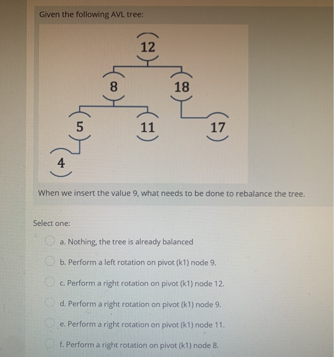 Given the following AVL tree: When we insert the value 9, what needs to be done to rebalance the tree. Select one: a. Nothing