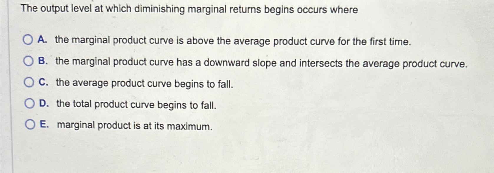 Solved The output level at which diminishing marginal | Chegg.com