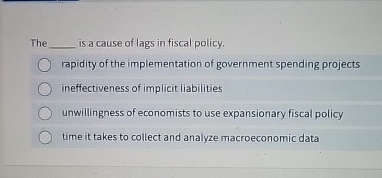Implicit Liabilities Solved The is a cause of lags in fiscal policy.rapidity of | Chegg.com