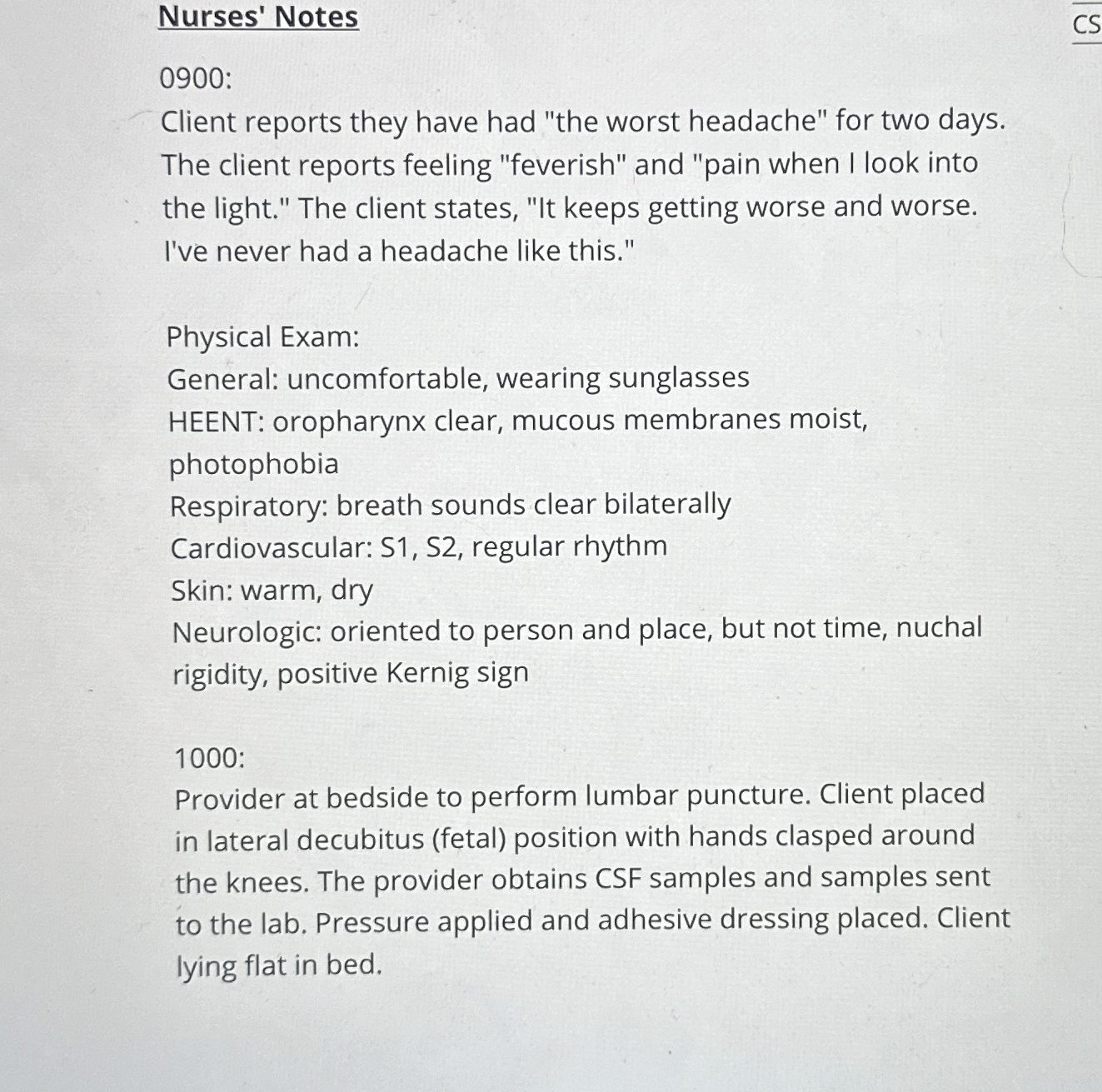 Solved Nurses' Notes0900:Client reports they have had 