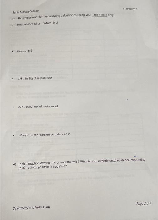 Lab Report Calorimetry and Hess's Law Metal + HCI