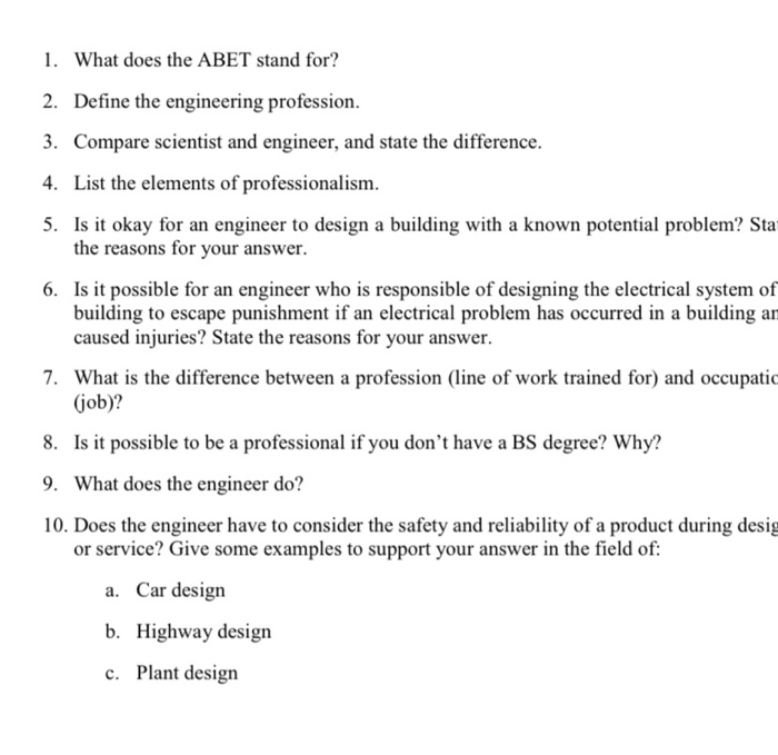 Solved 1. What does the ABET stand for? 2. Define the