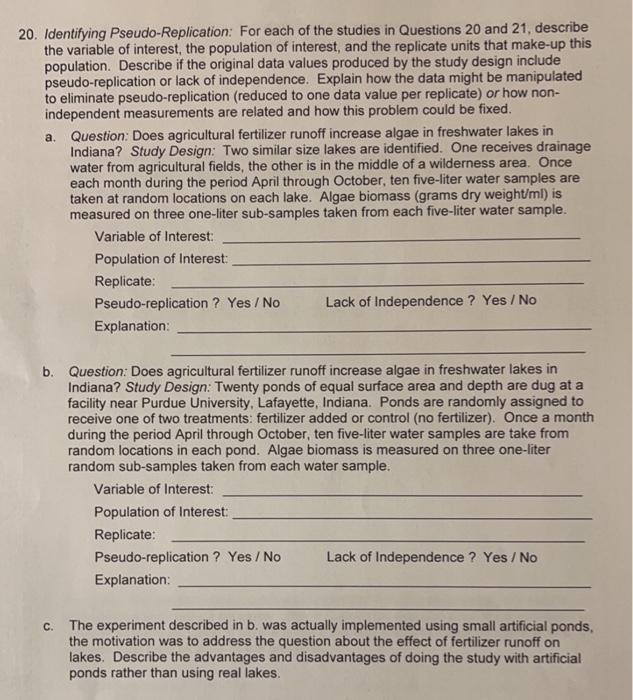 Solved 20. Identifying Pseudo-Replication: For each of the | Chegg.com