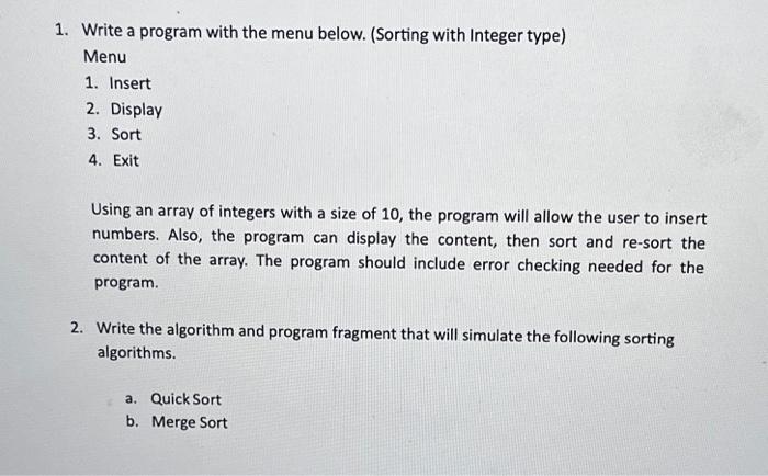 Solved Using an array of integers with a size of 10 , the | Chegg.com
