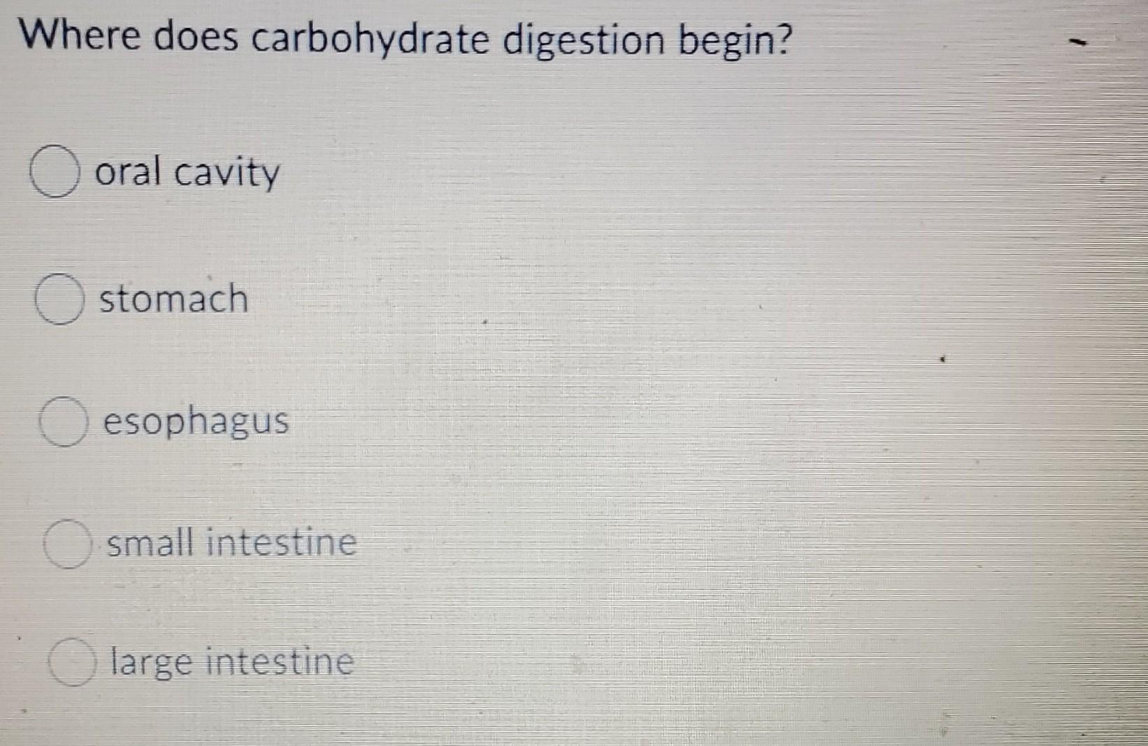 Solved Where does carbohydrate digestion begin? O oral