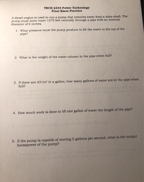Solved TECH 2344 Power Technology Final Exam Practice A | Chegg.com
