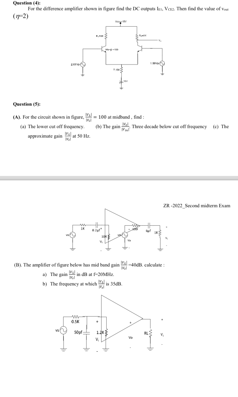 Solved Question (4):For the difference amplifier shown in | Chegg.com