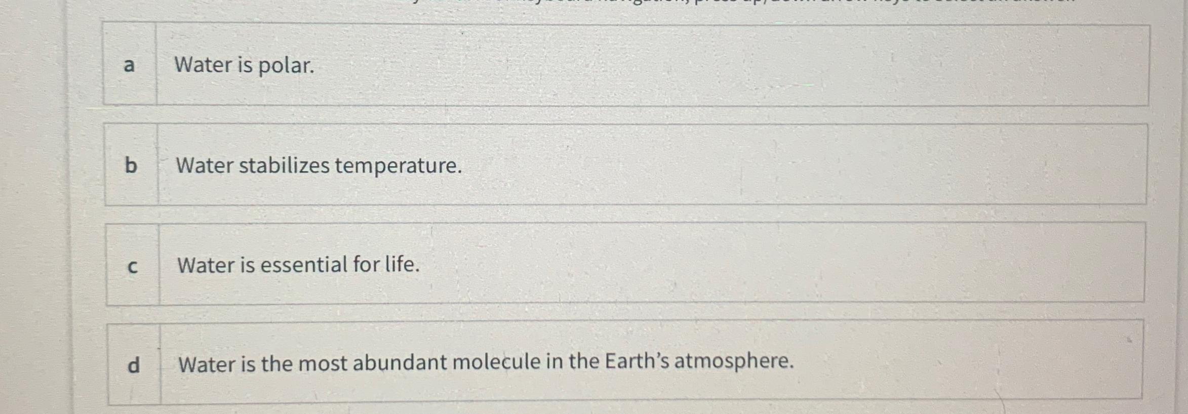 Solved A Water Is Polar.b Water Stabilizes Temperature.c 