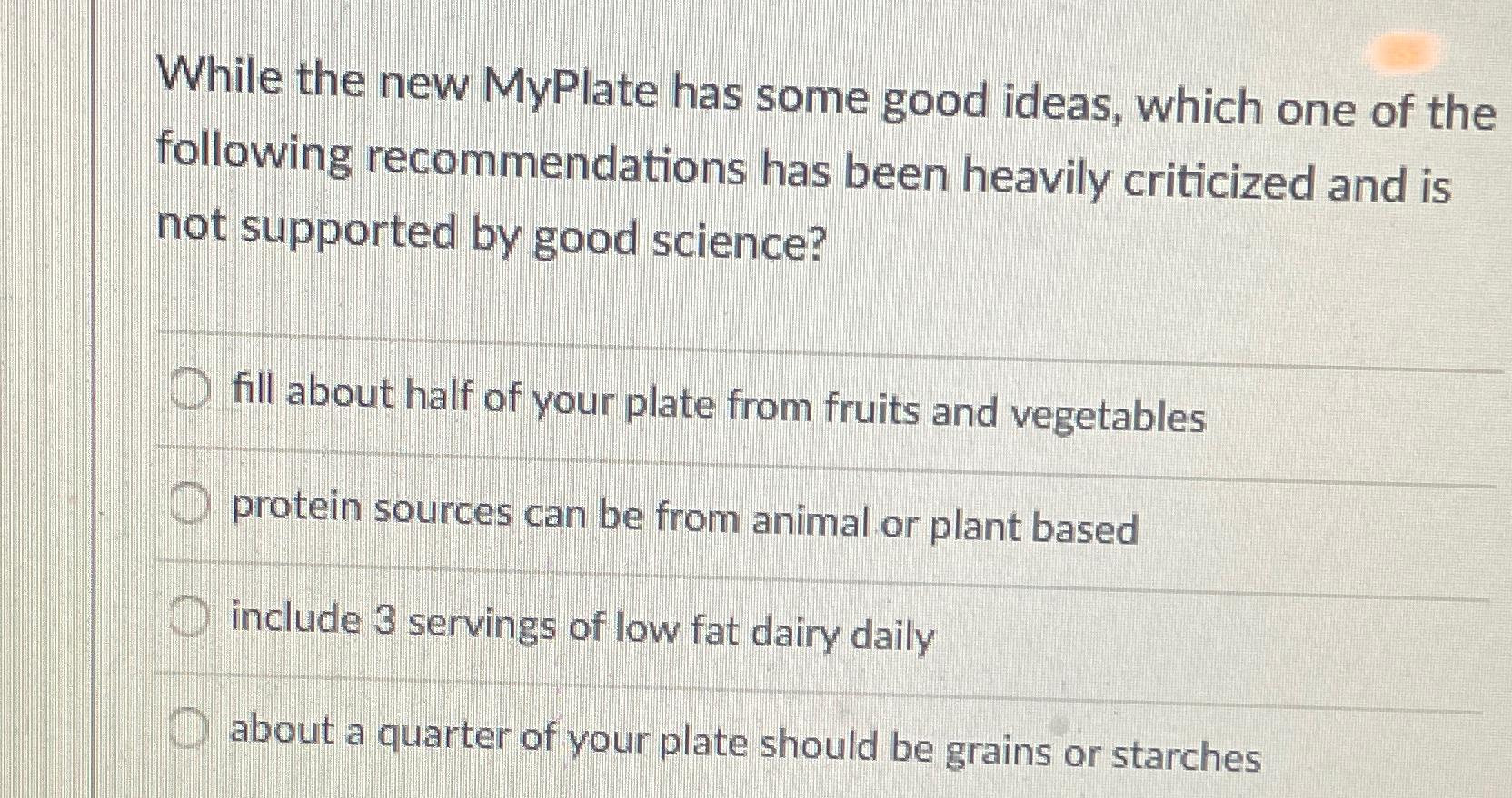 Solved While the new MyPlate has some good ideas, which one | Chegg.com