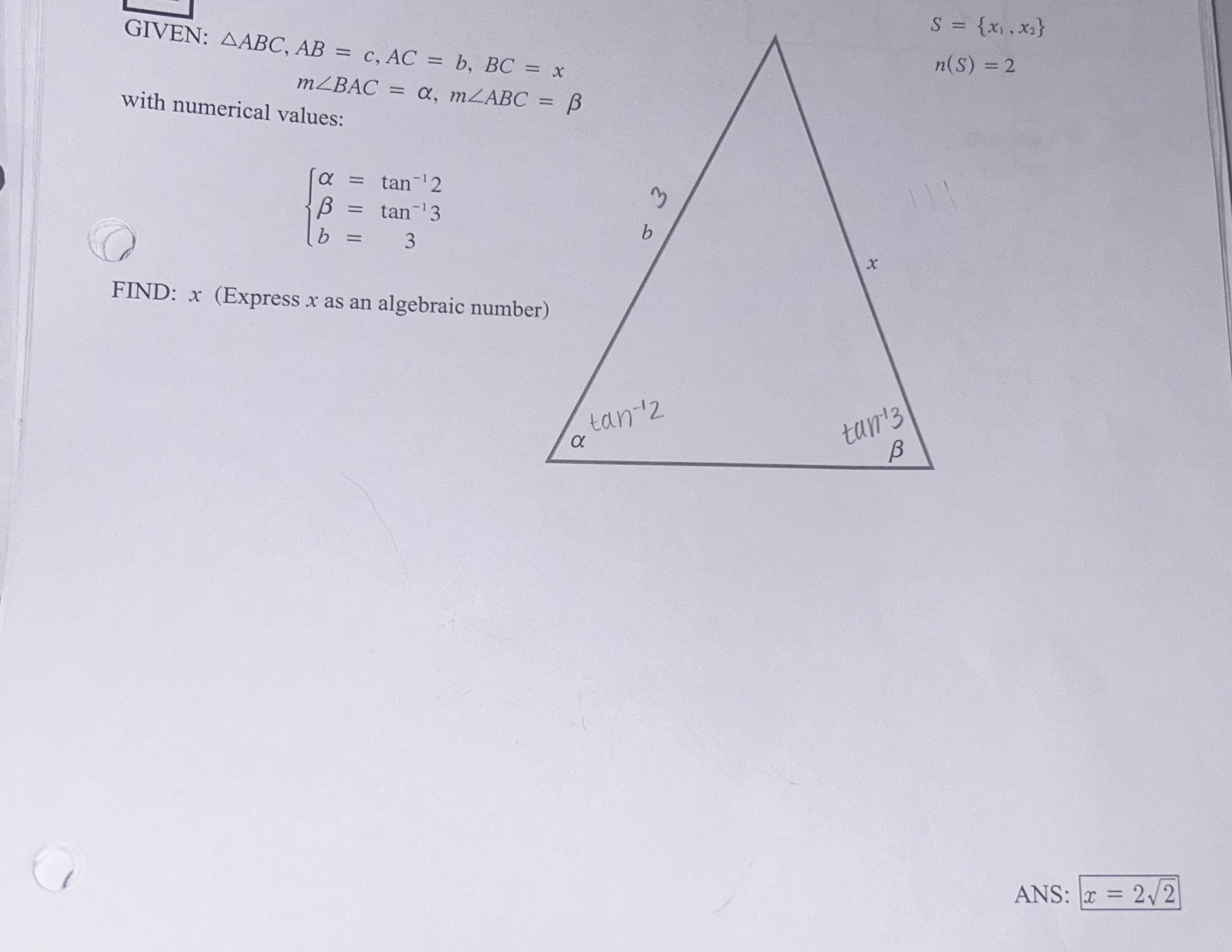 Solved GIVEN: ????ABC,AB=c,AC=b,BC=xm?BAC=α,m?ABC=1with | Chegg.com