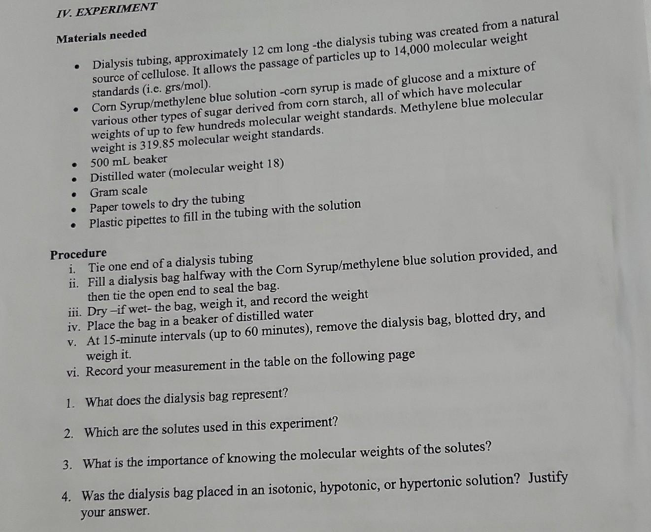 Solved Materials needed Dialysis tubing, approximately 12