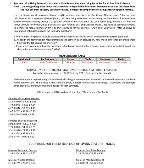ESTIMATION OF LIVING STATURE 1. Female Specimen