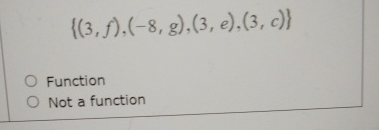 Solved {(3,f),(-8,g),(3,e),(3,c)}FunctionNot a function | Chegg.com