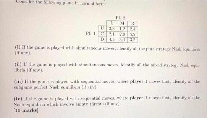 Solved Consider the following game in normal form: Pl. 2 M R | Chegg.com