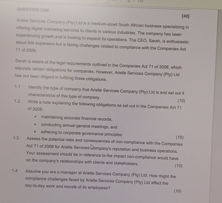 Solved QUESTION ONE[40]Arielle Services Company (Pty) ﻿Lid | Chegg.com