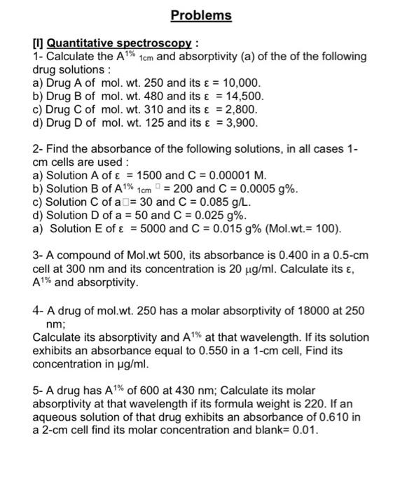 Solved [I] Quantitative spectroscopy 1 Calculate the A11