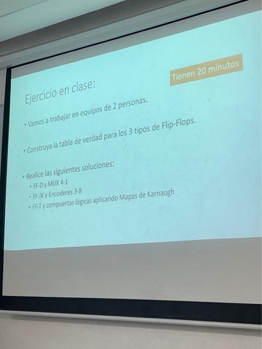 Ejercicio en clase: - vamos a trabajar en equipos de 2 personas. - Construya la tabla de verdad para los 3 tipos de Flip-Flop