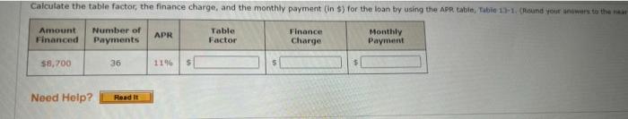Solved Calculate the table factor, the finance charge, and | Chegg.com