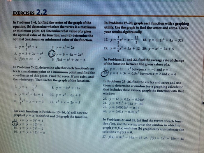 Solved Exercises 2 2 In Problems 1 6 A Find The Vertex Chegg Com