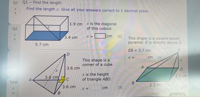 Find the length \( x \). Give all your answers correct to 1 decimal place.
\( x \) is the diagonal of this cuboid.
\( \begin{