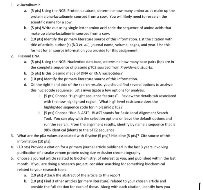 1. a-lactalbumin a. (5 pts) Using the NCBI Protein | Chegg.com