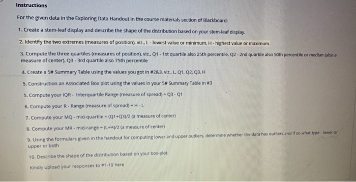 Solved Instructions For the given data in the Exploring Data | Chegg.com