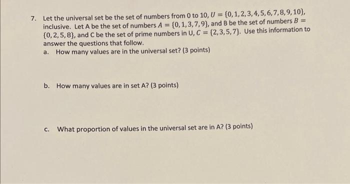 Solved 7. Let the universal set be the set of numbers from 0 | Chegg.com