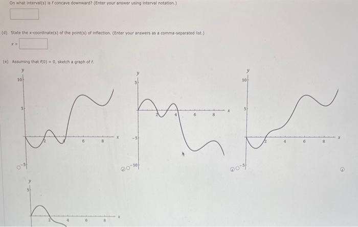 (d) State the \( x \)-coordinate(s) of the point(s) of inflection. (Enter your antwers as a comma-separated list)
(e) Assumin