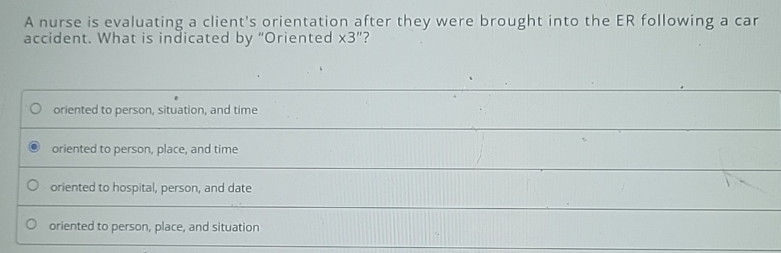 Solved A nurse is evaluating a client's orientation after | Chegg.com