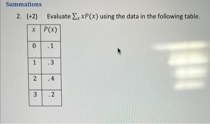 2. ( (+2) quad ) Evaluate ( sum_{x} x P(x) ) using the data in the following table.