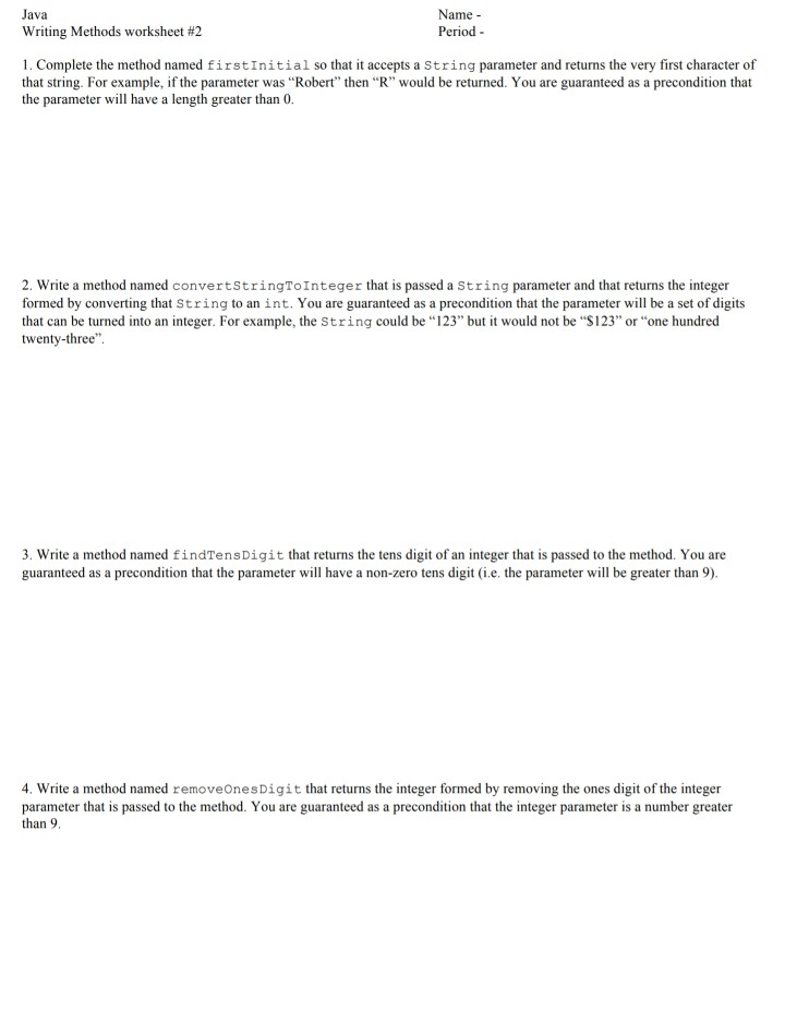 Solved Java Name - Writing Methods worksheet #2 Period - 1. | Chegg.com