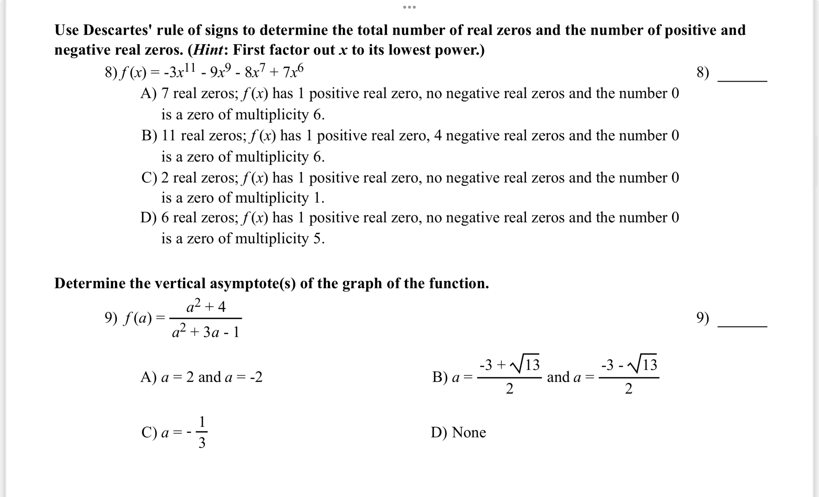 Solved Use Descartes' rule of signs to determine the total | Chegg.com