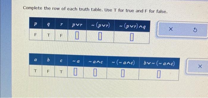 Solved Complete the row of each truth table. Use T for true | Chegg.com